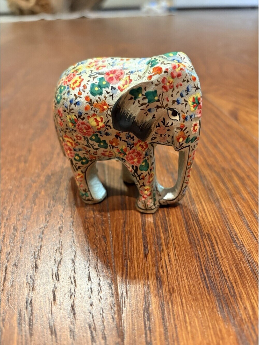 Paper Mache Elephant Figurine Multicolor Lacquered Floral Painted